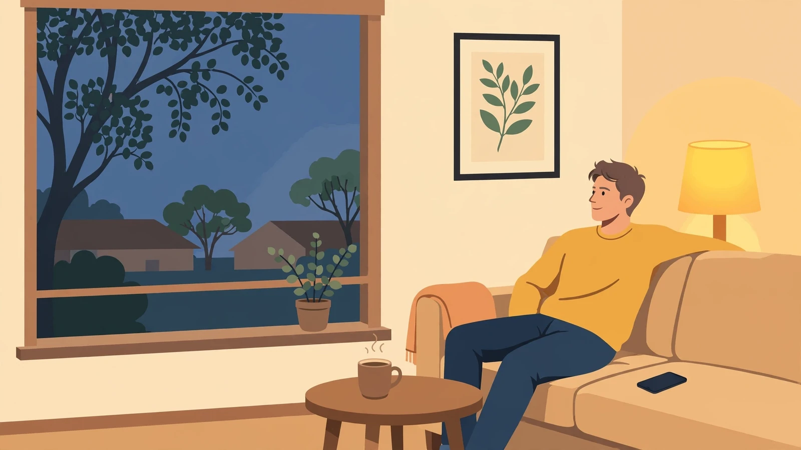 Person relaxing with smartphone in a cozy Australian living room at evening