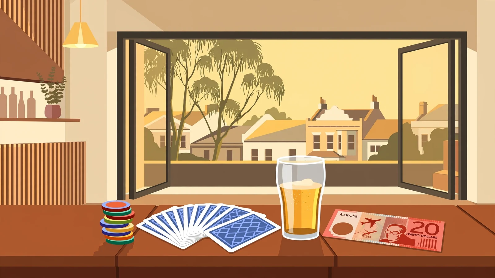 Australian pub lounge with poker chips, playing cards, and an A$20 banknote on a wooden counter.