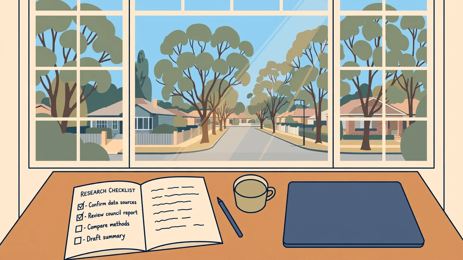 Australian home office desk with notebook, pen, coffee cup, and closed laptop by a bright window.