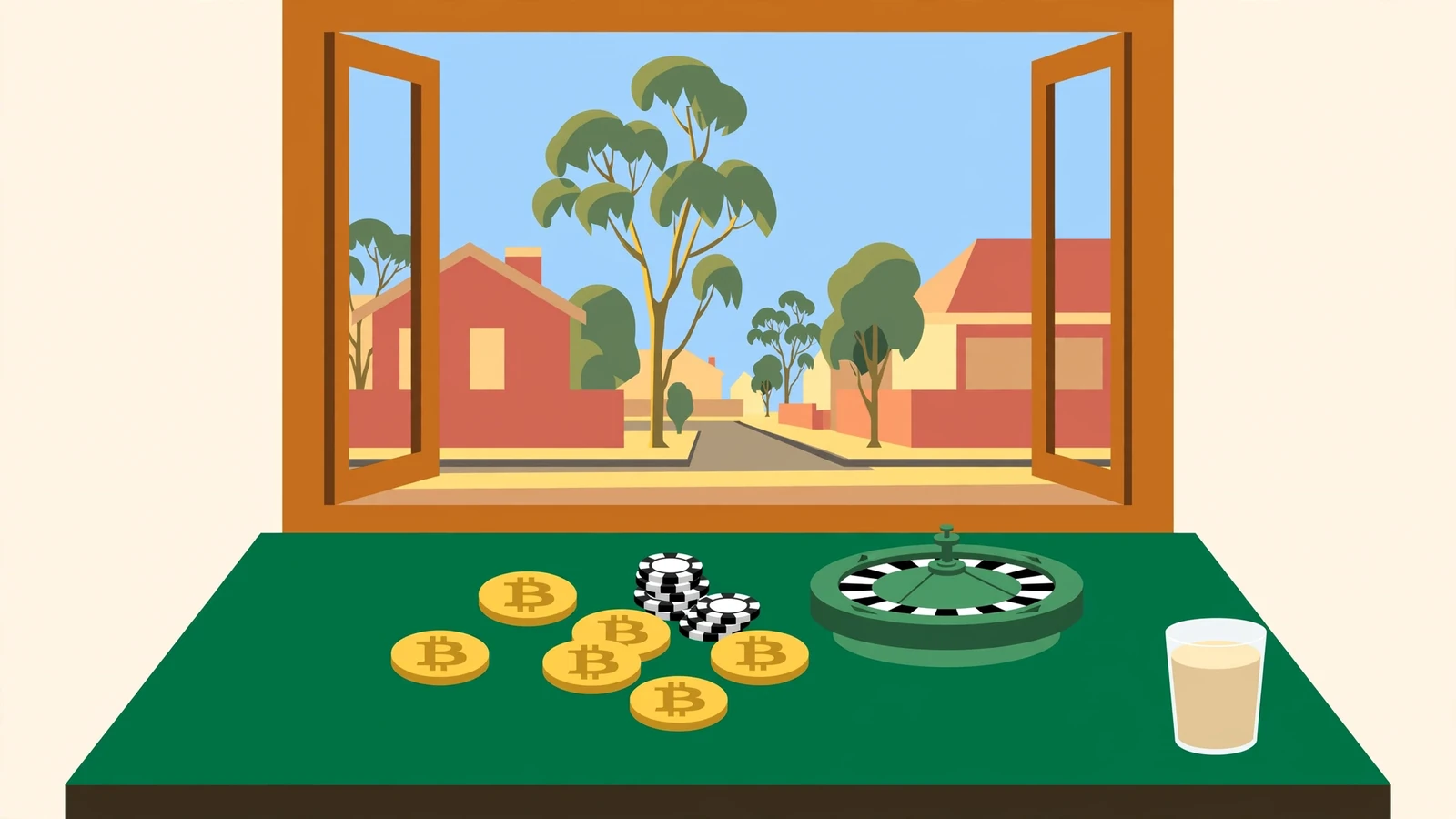 Crypto tokens, roulette wheel and flat white on a table with an Australian suburban street view.