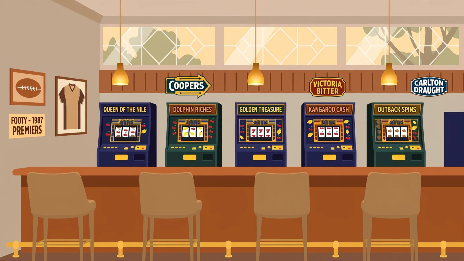 Row of pokie cabinets inside a classic Australian RSL club