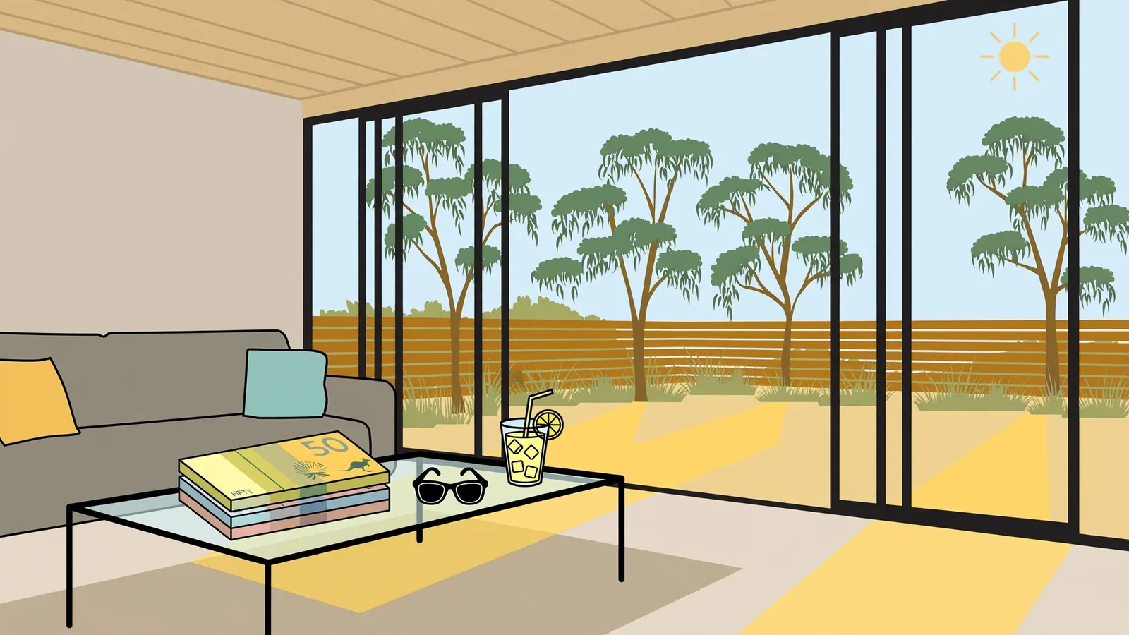 Sunlit Australian living room with a stack of banknotes on a coffee table beside sunglasses.