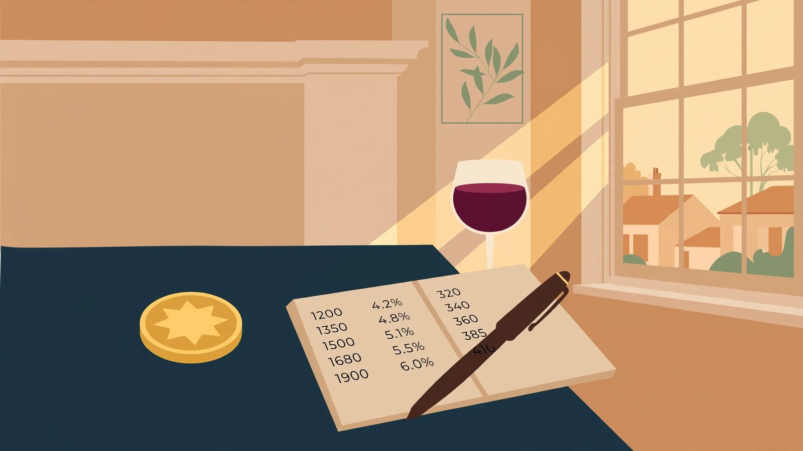 Coin on felt with notebook of numbers and shiraz glass
