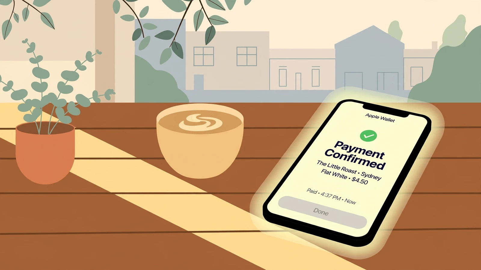 iPhone with Apple Wallet payment on a Sydney café table