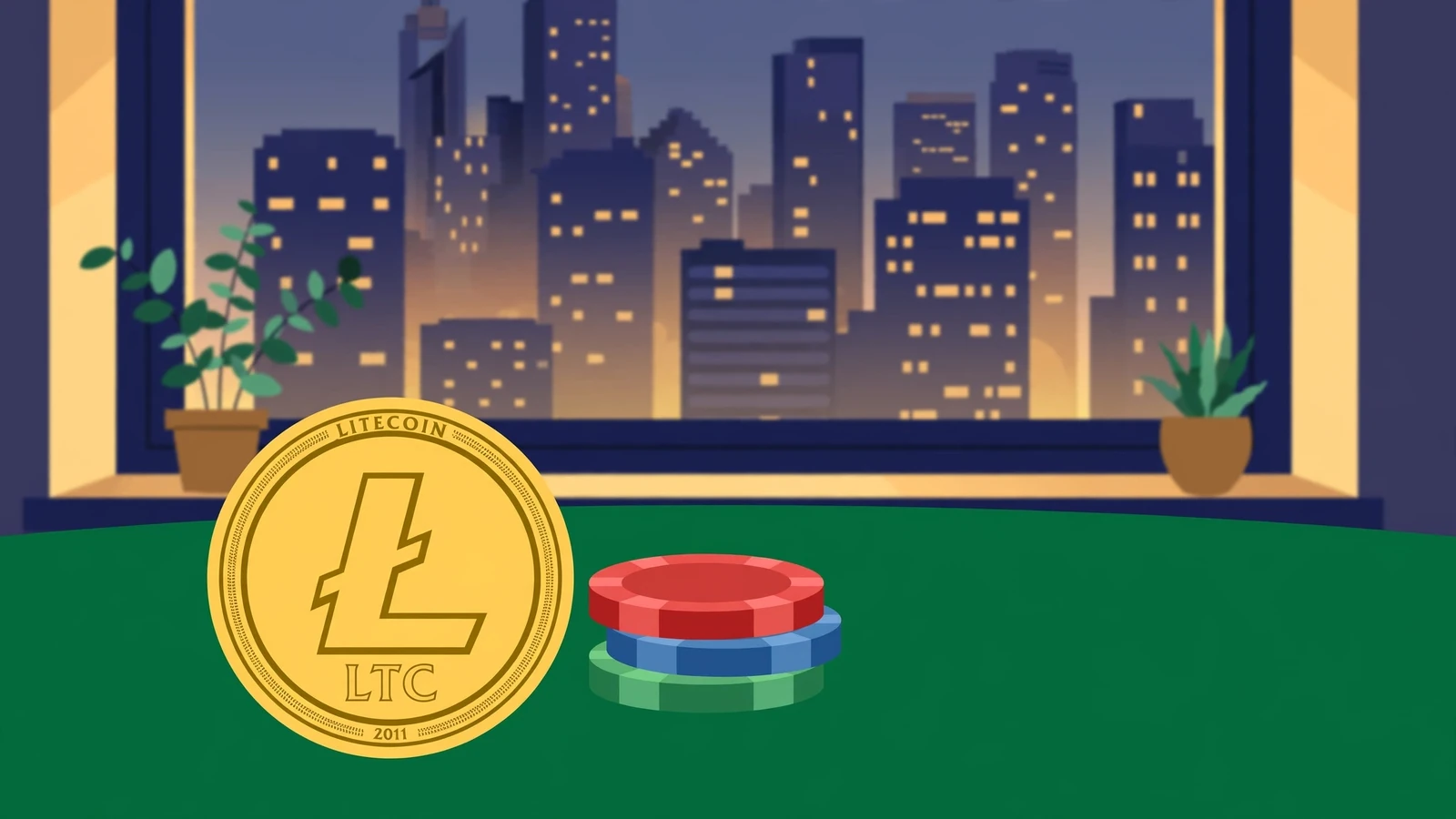 Litecoin coin on casino table with Australian skyline at dusk