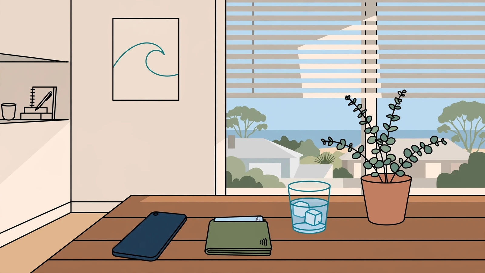 Australian home office with smartphone, wallet and eucalyptus plant