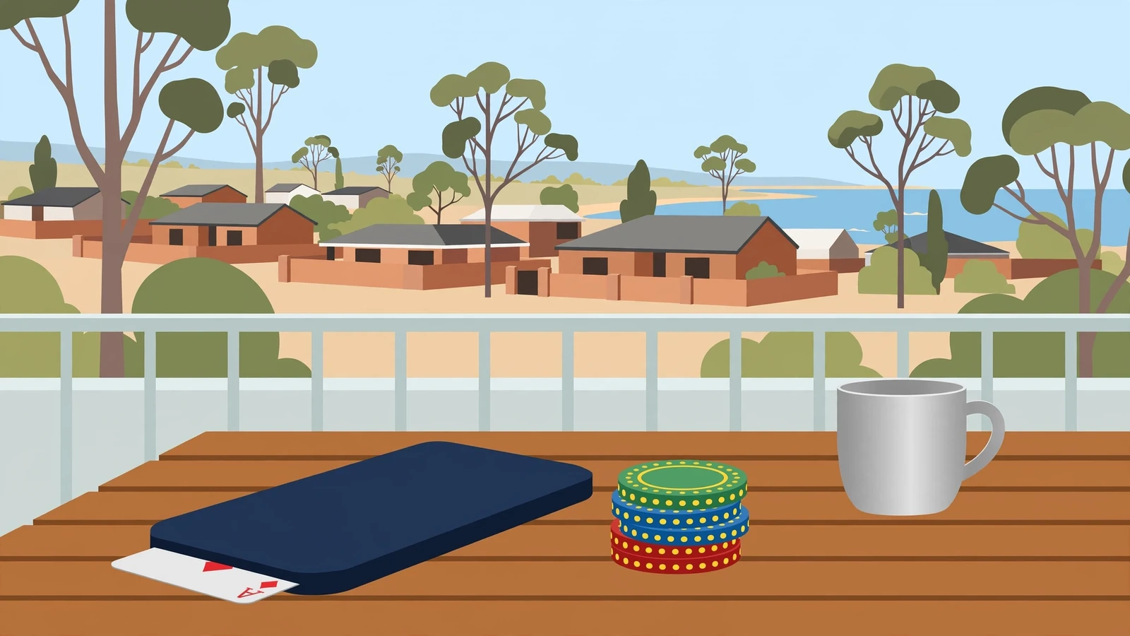 Smartphone on a terrace table with casino chips, a playing card, and an Australian coastal suburb view.