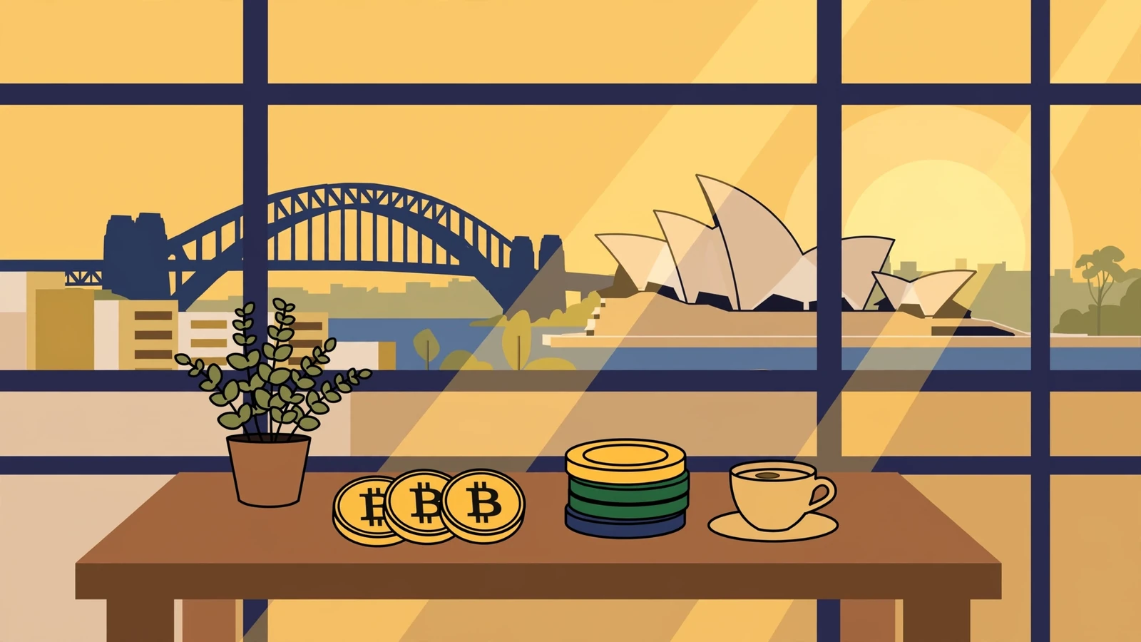 Crypto coins and poker chips on a desk with Sydney skyline view