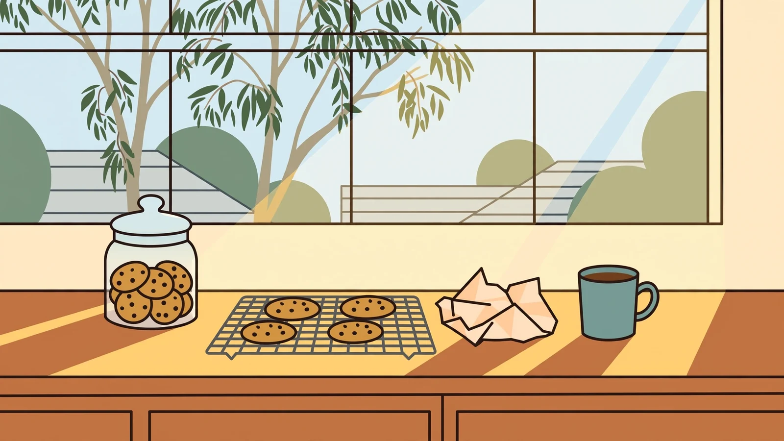 Glass jar of chocolate chip cookies on a sunlit Australian kitchen counter