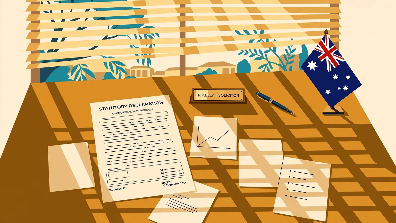 Legal disclaimer documents on an Australian office desk in afternoon light.