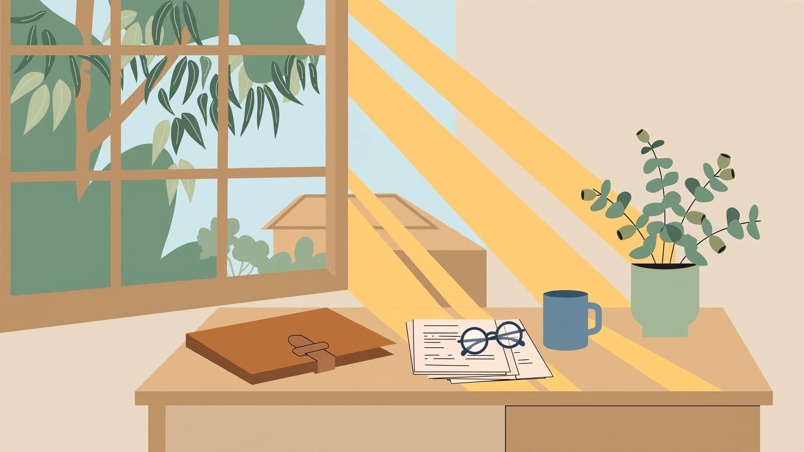 Australian home office desk with documents and reading glasses by a sunlit window