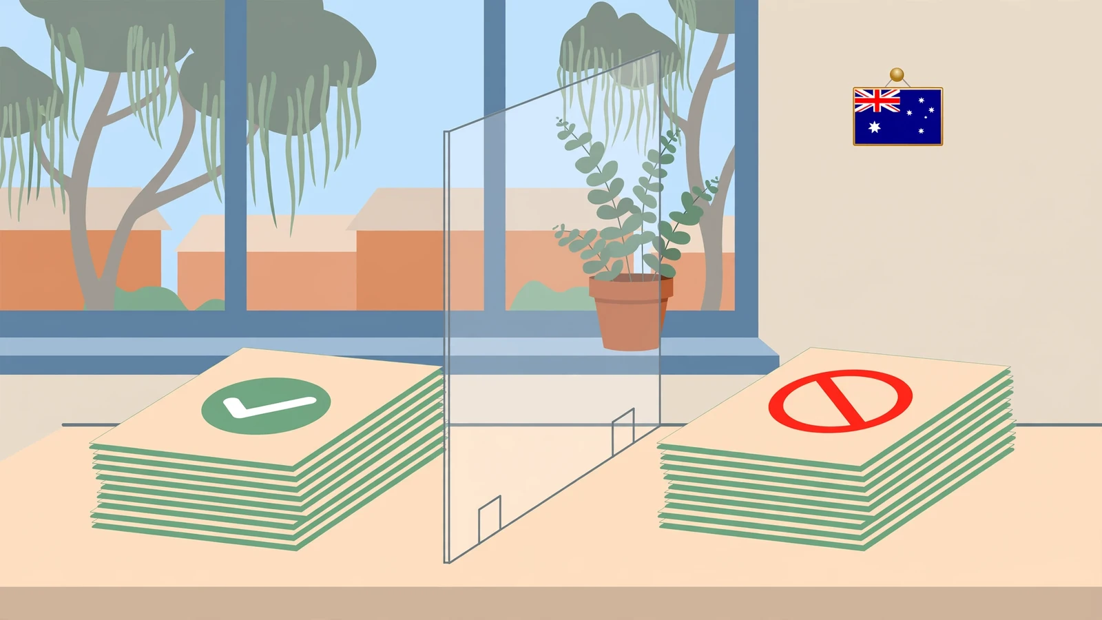 Glass divider separating permitted and prohibited gambling documents.