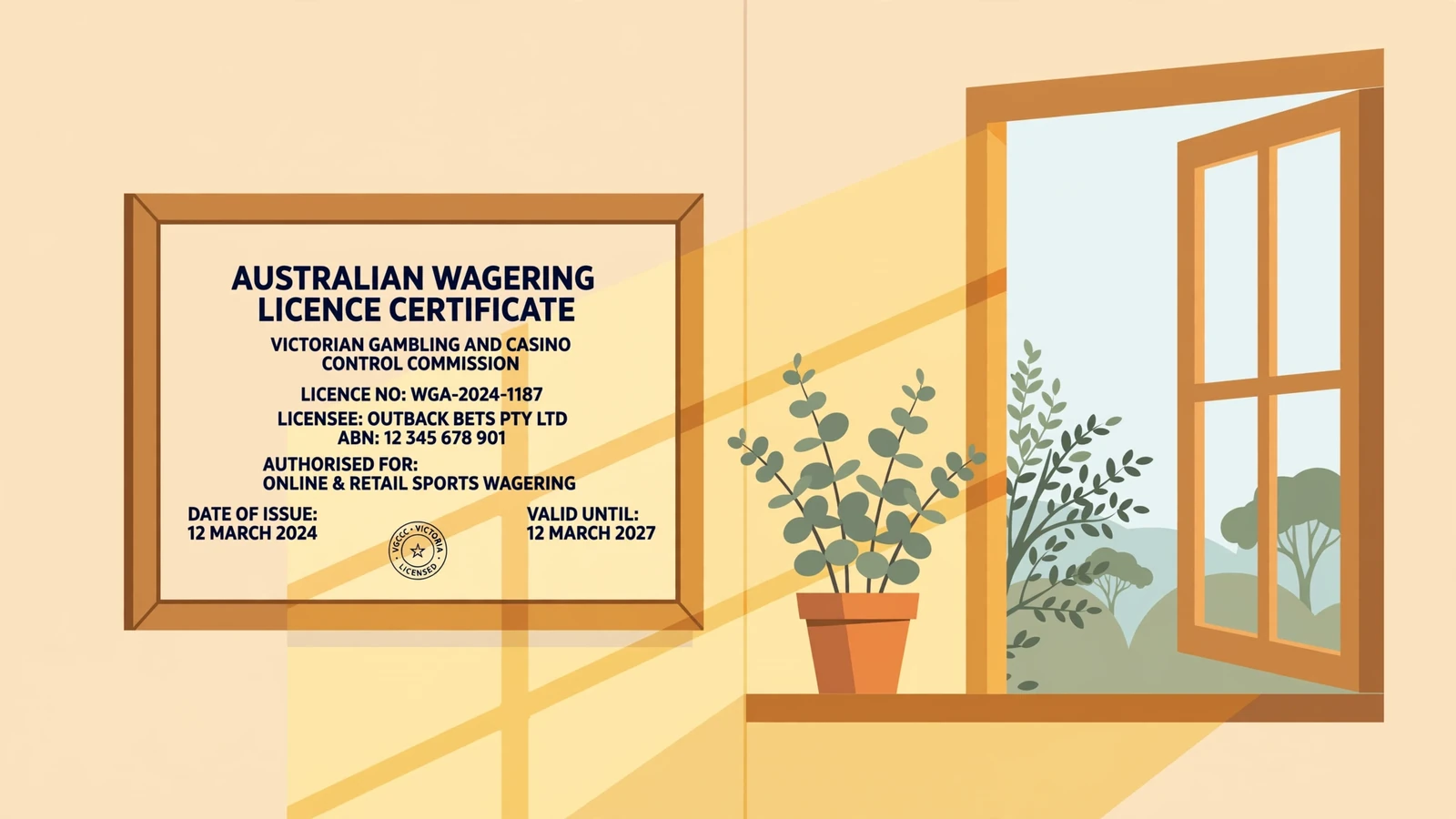 Framed Australian wagering licence on an office wall.