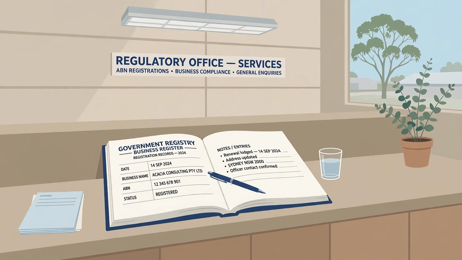 Open government registry book at an Australian regulatory desk.
