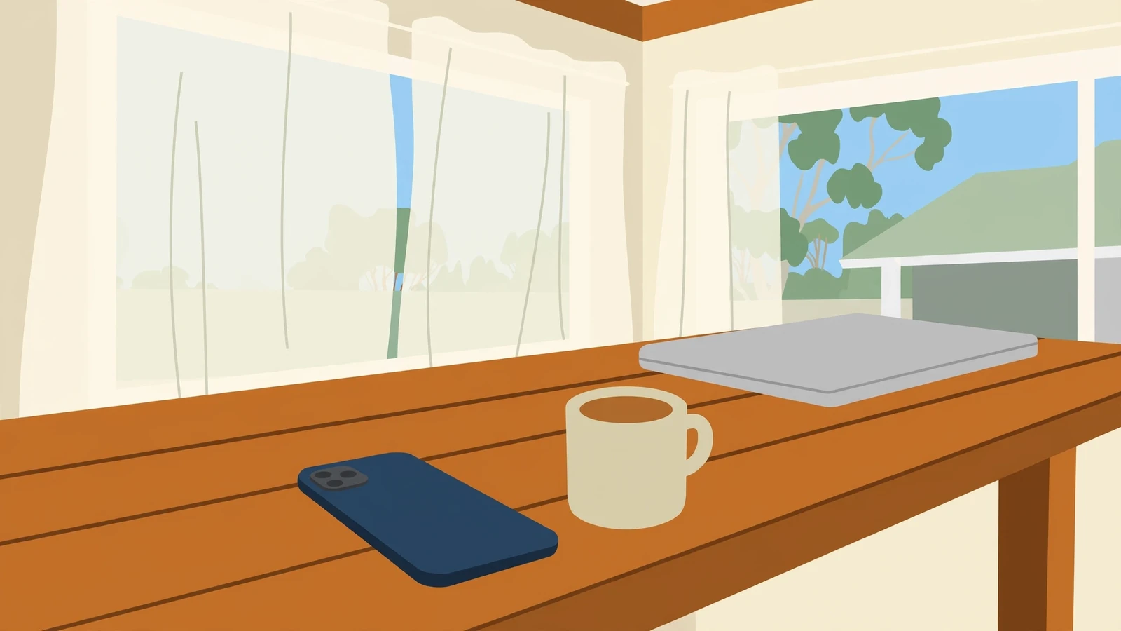 Smartphone face-down on a kitchen bench in morning light.