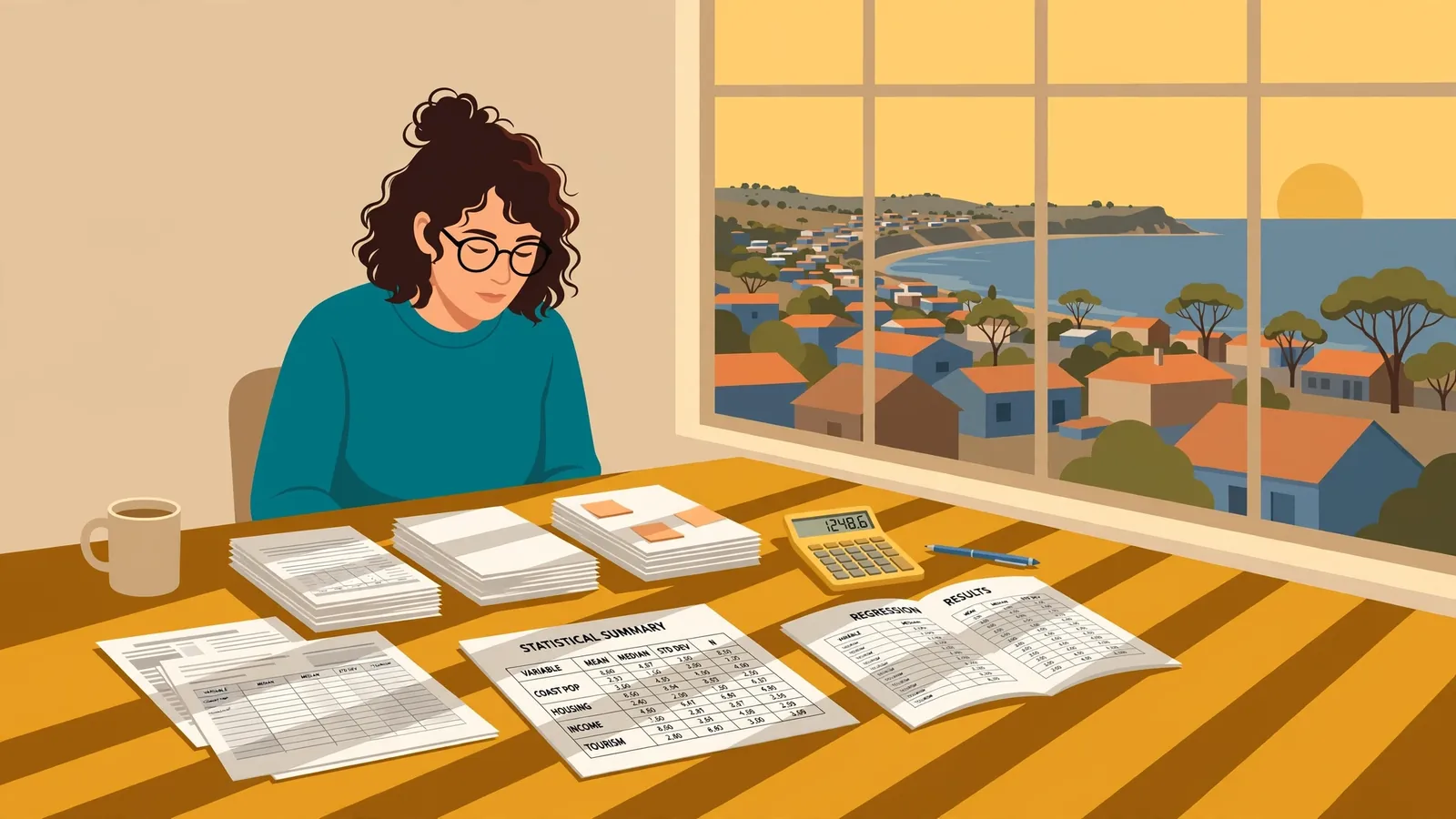 Researcher reviewing printed statistics in a coastal office.