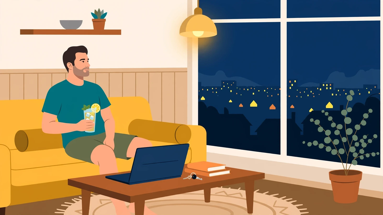 Man relaxing on couch with closed laptop in Australian suburban living room at night