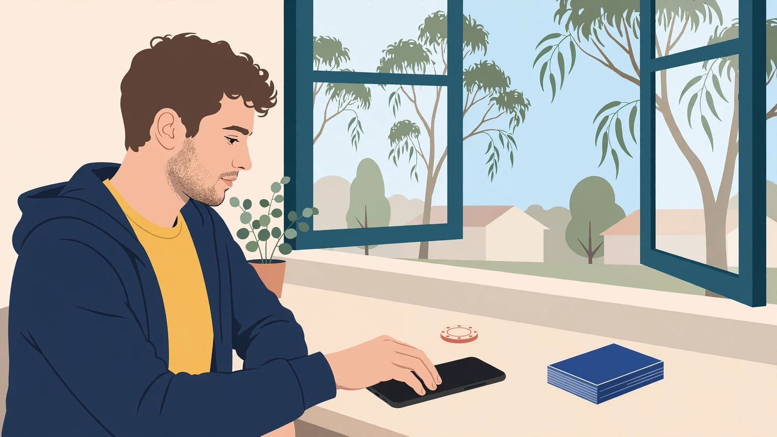 Man turning his phone face-down on a desk beside a poker chip and cards, with eucalyptus outside the window.