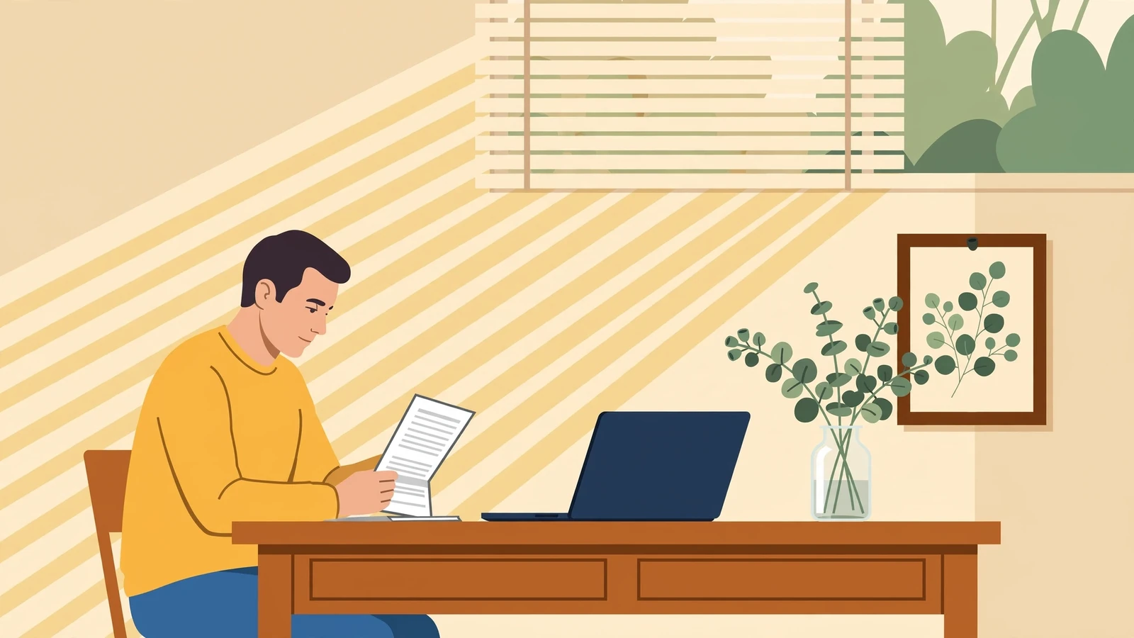 Person at desk reviewing document beside closed laptop in sunlit Australian home office.