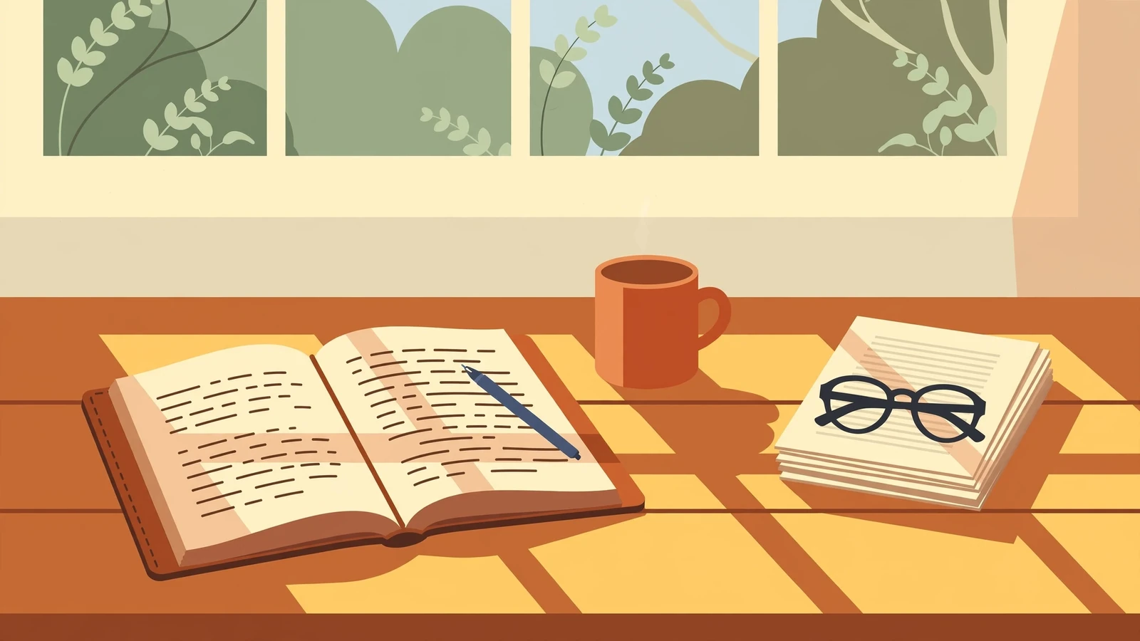 Notebook with pen, coffee mug, and reading glasses on a sunlit wooden desk, suggesting review of terms.